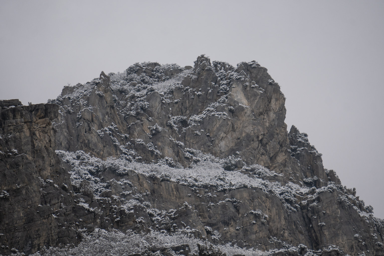 Recent snowfall on some canyon rocks